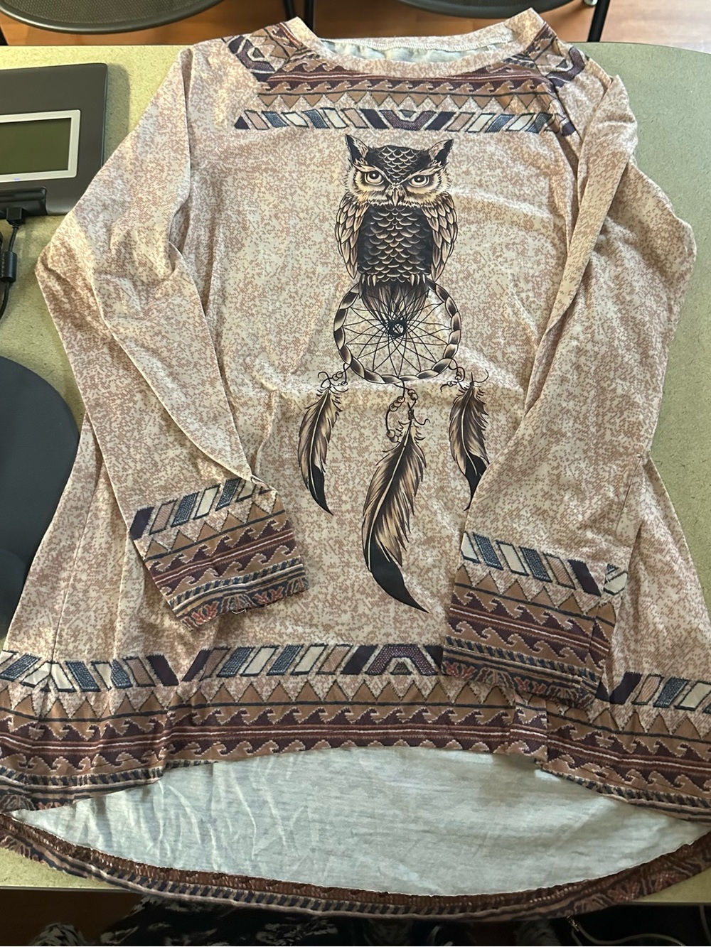 Women's Large Tunic High Low Top with Owl Dreamcatcher Print